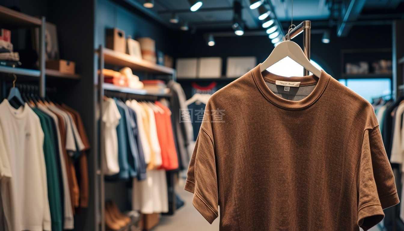 衣服與零售商店景觀(guān) 一家以T恤為核心的服裝零售店